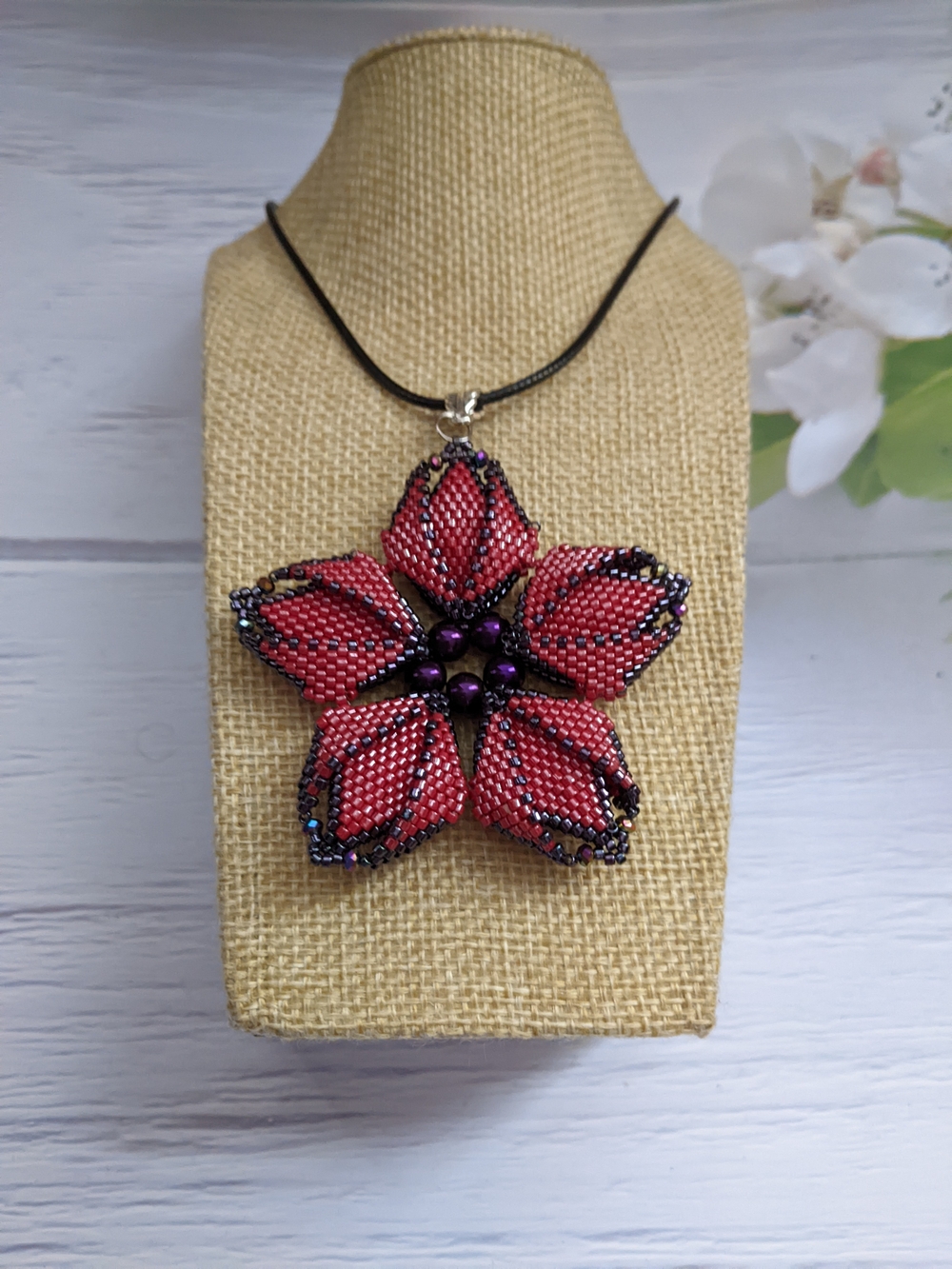 Pink Beaded Flower Pendant Necklace with Black Cord